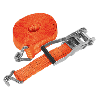 A Ratchet Strap 50mm x 10m Polyester Webbing 5000kg Breaking Strength - TD5010J from Sealey, featuring hooks on both ends and durable polyester webbing, coiled neatly beside its metal ratcheting mechanism.