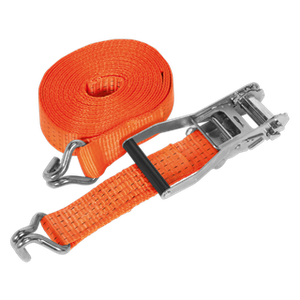 A Ratchet Strap 50mm x 10m Polyester Webbing 5000kg Breaking Strength - TD5010J from Sealey, featuring hooks on both ends and durable polyester webbing, coiled neatly beside its metal ratcheting mechanism.