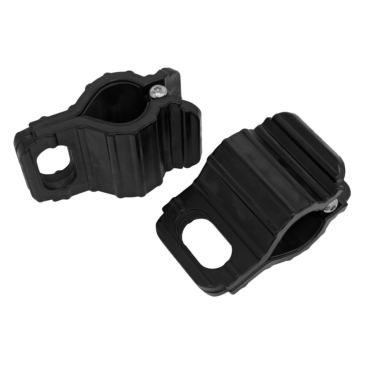 Two black, plastic Handlebar Tie Down Clamps (TDC01) by Sealey, shown from different angles against a white background, serve as secure fixing points for motorcycle handlebars.