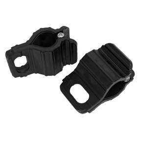 Two black, plastic Handlebar Tie Down Clamps (TDC01) by Sealey, shown from different angles against a white background, serve as secure fixing points for motorcycle handlebars.