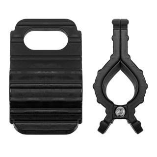 The Sealey Handlebar Tie Down Clamp - Pair - TDC01, shown from front and rear views on a white background, provides a secure fixing point similar to those found on motorcycle handlebars.