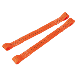 The Sealey Tie Down Securing Loop - Pair (TDL01) features two orange lifting straps with reinforced stitching and looped ends for secure attachment. Made from durable polyester webbing, these straps are ideal for handling heavy loads and can safely lift motorcycles without compromising on breaking strain.