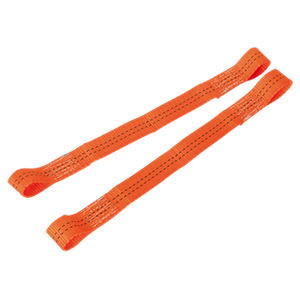 The Sealey Tie Down Securing Loop - Pair (TDL01) features two orange lifting straps with reinforced stitching and looped ends for secure attachment. Made from durable polyester webbing, these straps are ideal for handling heavy loads and can safely lift motorcycles without compromising on breaking strain.