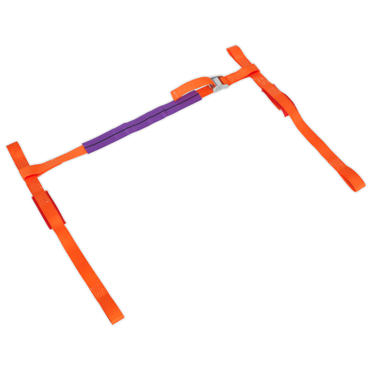 A Sealey Tie Down - Motorcycle Handlebar (TDMCHB) in orange and purple, featuring a cam buckle fastener, designed for securing or lifting objects.