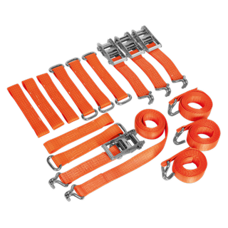 A set of Sealey Car Transporter Ratchet Strap Alloy/Steel Wheel Kits, featuring four pieces each measuring 50mm x 3m with a breaking strength of 4500kg, arranged on a black background.