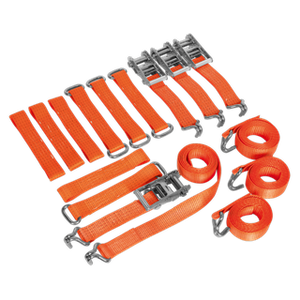 A set of Sealey Car Transporter Ratchet Strap Alloy/Steel Wheel Kits, featuring four pieces each measuring 50mm x 3m with a breaking strength of 4500kg, arranged on a black background.