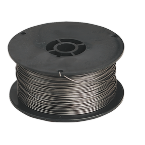 A spool of Sealey Flux Cored MIG Wire 0.9kg Ø0.9mm A5.20 Class E71T-GS - TG100/1 is neatly coiled around a black plastic reel, isolated on a black background.