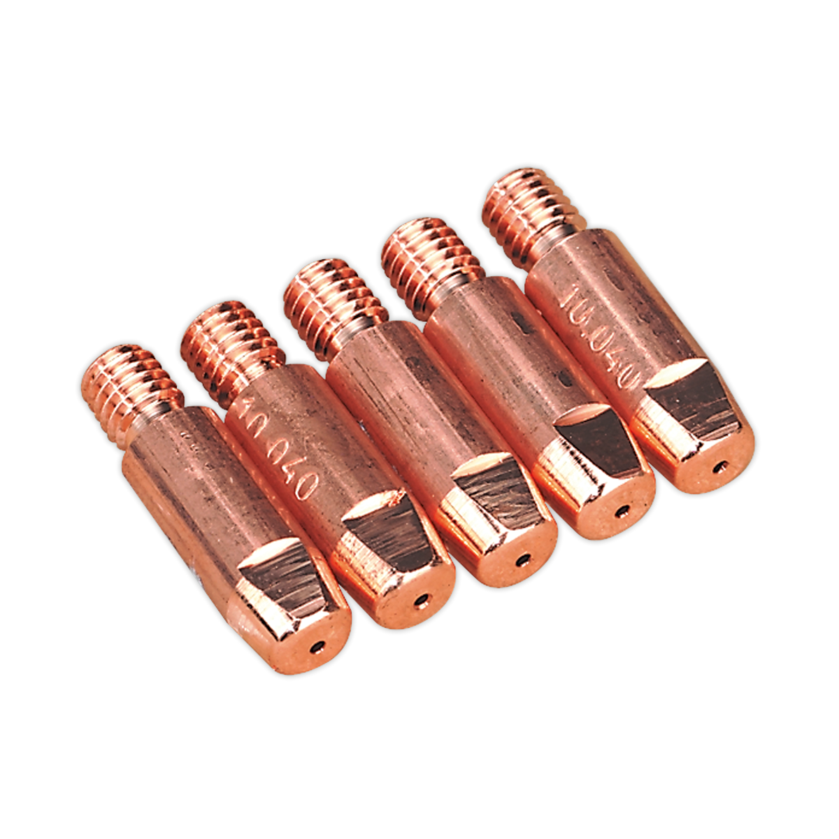 Five Sealey contact tips (1mm MB25/MB36, TG100/2) are neatly aligned in a row against a black background, resembling copper nozzles with threaded ends.