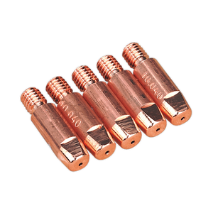 Five Sealey contact tips (1mm MB25/MB36, TG100/2) are neatly aligned in a row against a black background, resembling copper nozzles with threaded ends.