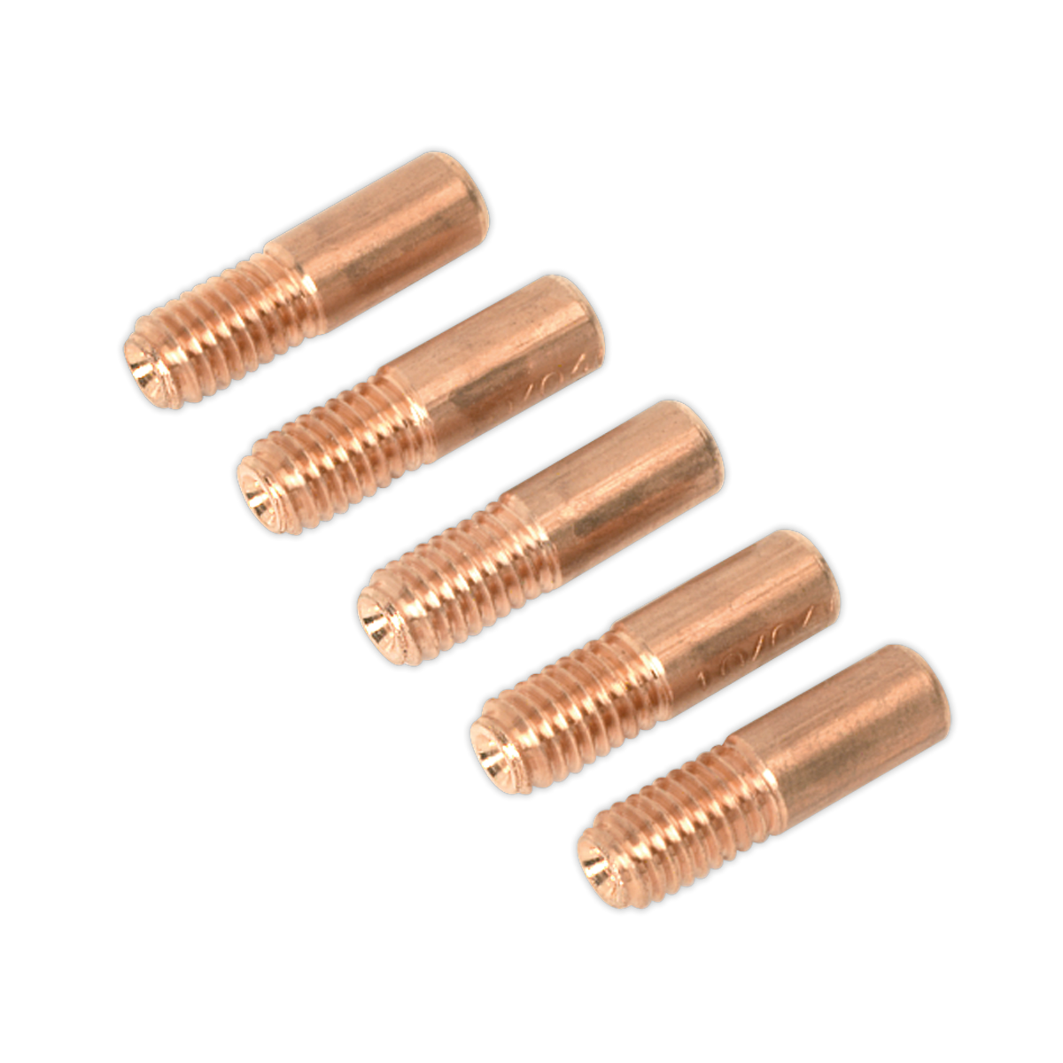 Five Sealey Contact Tip 1mm MB14 threaded metal rods, copper-colored and designed for gasless MIG welders, are arranged in a horizontal row against a black background.