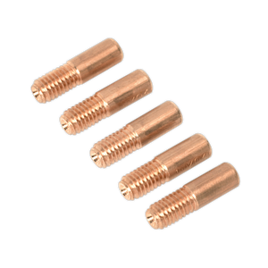 Five Sealey Contact Tip 1mm MB14 threaded metal rods, copper-colored and designed for gasless MIG welders, are arranged in a horizontal row against a black background.