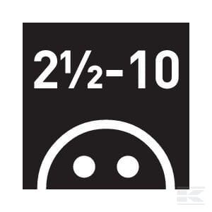 Black square icon displaying "2 1/2 - 10" above a simple graphic symbol resembling a face with two circular eyes, designed for the Rolly Toys collection by John Deere, specifically for the Pedal Tractor - R12210 model.