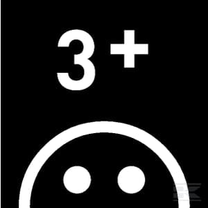 Black background with white text reading "3+" above a simple white circle with two small dots inside, resembling a face. The minimalist design brings to mind the simplicity of Bruder's Refuse Bin for U02660 (4 pcs) - U02607, similar to that of a plastic toy or scale model.