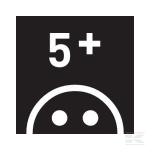 Black square icon with "5+" above a partial circled face with two eyes, reminiscent of a Bruder Grimme potato digger - U02130 design.