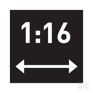 A black square with "1:16" in white text above a double-headed horizontal arrow, ideal for marking the scale of the Bruder CAT Road-roller - U02433 model construction vehicle.