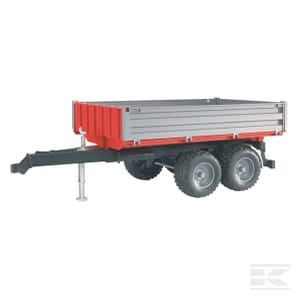 The Bruder Tipping Trailer - U02019 is a durable 1:16 scale plastic utility trailer, featuring a red and gray design with four large tires and a black drawbar. Designed for towing and ideal for agricultural use, it is perfect for various tasks.