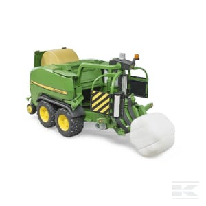 Introducing the Bruder John Deere wrapping chamber baler C441R – U02032, a green agricultural machine from the Profi series. Designed for baling hay or straw with a protective wrap at the front, this model features an adjustable bale chamber, multiple wheels, and distinctive yellow accents.