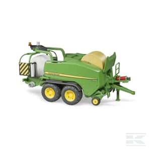 The John Deere wrapping chamber baler C441R - U02032 by Bruder is a green agricultural machine with yellow wheels designed for baling hay and other crops. Part of the Bruder Profi series, it features a large reel and various mechanical components on its frame, including an adjustable bale chamber for versatile operation.