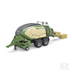 The Bruder Krone Big Pack 1290 HDP VC with 2 square bales - U02033 is a 1:16 scale model of a green and beige Krone baler designed for hay and straw collection. It features two axles, a pick-up mechanism in the front, and a bale ejector at the rear. This detailed agricultural toy is perfect for young farming enthusiasts.