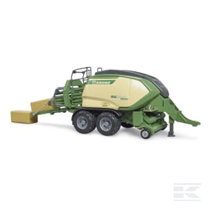 The Bruder Krone Big Pack 1290 HDP VC with 2 square bales (U02033) is a green and beige agricultural baler machine with a dual-axle design, perfect for compressing hay or straw into compact bales, making it ideal for any realistic farm setup.