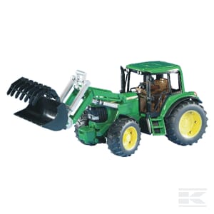 A John Deere 6920 with front loader - U02052, by Bruder, featuring green and yellow design and a front loader bucket for lifting and moving materials, perfect for agriculture tasks.