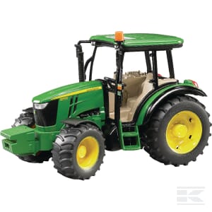 The John Deere 5115M - U02106 by Bruder, designed to a 1:16 scale, features black tires and a protective canopy in its green and yellow design, making it the perfect agriculture vehicle for young farmers at play.