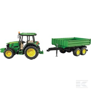 Bruder John Deere 5115M with trailer (U02108) featuring a green tractor with yellow wheels and a green twin-axle trailer.