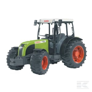 A Claas Nectis 267 F - U02110 tractor by Bruder, featuring a green and black design with large orange wheels and a canopy. The front of this agricultural machine prominently displays the Claas brand name.