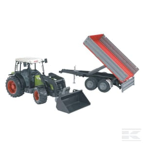 The Claas Nectis 267 F with front loader - U02112 by Bruder is a 1:16 scale toy tractor equipped with a front loader attachment and a Claas trailer featuring a two-axle dump design, complete with raised bed and striking red interior walls. Perfect for young enthusiasts of transport toys.