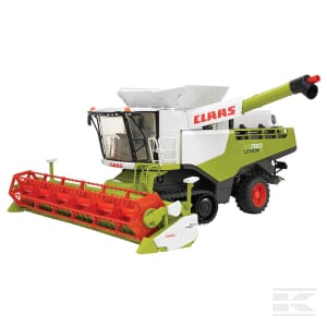 The Bruder Claas Lexion 780 tracked combine harvester (U02119), featuring a green and white body and a red header attachment, is expertly crafted for efficient crop harvesting in modern agriculture.