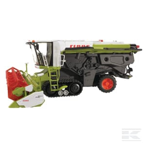 A green and white Claas Lexion 780 tracked combine harvester (model U02119) by Bruder, featuring red wheels and a front attachment for efficient agricultural harvesting.