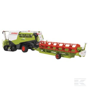 A Claas Lexion 780 tracked combine harvester by Bruder (U02119) in green and white with red detailing and an attached cutting header.