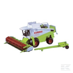 A Bruder Claas Lexion 480 Combine 1:25 (U02120) features a green and white exterior with red accents, proudly displaying the "CLAAS" brand name on the side. This durable model has large tires and a front attachment designed for efficient agricultural crop harvesting.