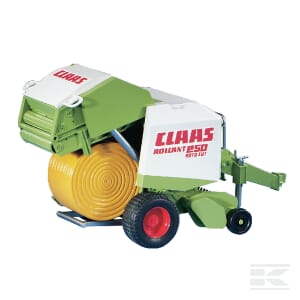 A green and white 1:16 scale CLAAS round baler - U02121 from Bruder, shown with a bale of hay.