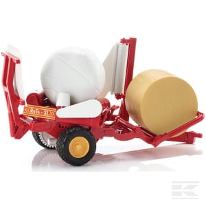 A Bruder Baler Wrapper - U02122, featuring a red and white toy hay baler with two bales, one white and one golden. The baler, essential in agriculture, showcases visible wheels and detailed components against a white background.