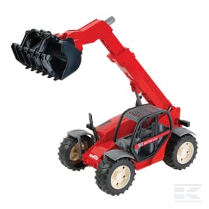 The Bruder Telescopic Loader 1:16 - U02125 is a red toy tractor with a black front loader and large tires, perfect for any agriculture enthusiast. It features a detailed cab and an articulated arm, resembling a telescopic loader for lifting tasks.