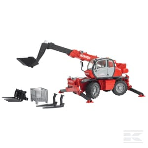 A detailed Bruder Manitou MRT 2150 telescopic loader (model U02129) featuring an extendable arm and various interchangeable attachments including a red and grey basket, forks, and bucket.