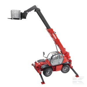 A Bruder Manitou MRT 2150 telescopic loader (U02129) with a red body, extended arm, and basket attachment, stabilizing outriggers down, against a white background.