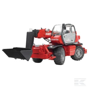 A red heavy-duty Bruder Manitou MRT 2150 telescopic loader (U02129) with a front bucket attachment, perfect for construction projects.