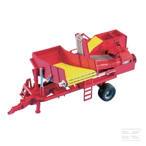 The Grimme potato digger - U02130 from Bruder is a red and yellow agricultural machine, resembling a 1:16 scale agriculture vehicle, featuring wheels, a conveyor belt, and multiple ladders for processing crops.