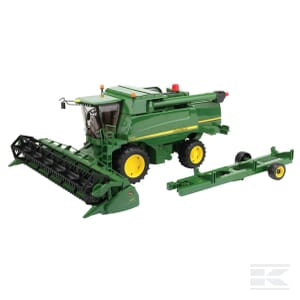 A Bruder John Deere Combine Harvester T670i - U02132, featuring iconic green body and yellow wheels with an attached header, stands ready for agricultural use. A separate trailer is depicted beside it.