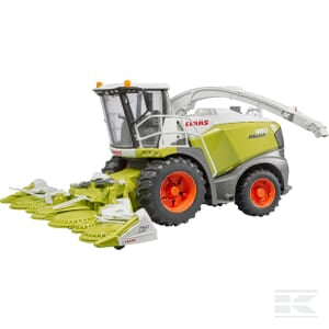 The Claas Jaguar 980 Forage Harvester - U02134 by Bruder is a top-tier forage harvester in bright green and white, featuring large red wheels. Designed for harvesting crops, its front showcases extended mechanical arms that efficiently gather plants, making it an indispensable tool in modern agriculture.