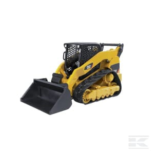 A yellow and black compact CAT Delta-Loader - U02136 by Bruder, scaled 1:16, featuring a front bucket attachment ideal for construction and landscaping tasks.