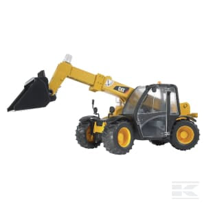 A Bruder CAT Loadall - U02141 telehandler, featuring a yellow body with a black bucket attachment extended, perfect for agriculture, and equipped with large tires and a spacious cab.