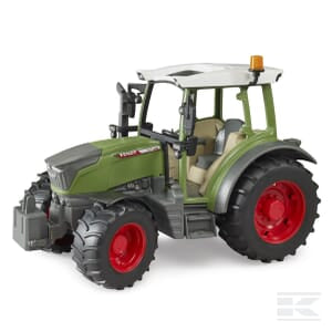 The Bruder Fendt Vario 211 - U02180 toy tractor features a green and gray design with large red wheels, a detailed interior, and a small orange light on top. Perfect for young agriculture enthusiasts.