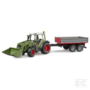 A Fendt Vario 211 with frontloader and tipping trailer (U02182) from Bruder, featuring a green agriculture tractor and a red and gray two-axle trailer.