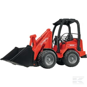 The Schäffer farm loader 2034 - U02190 by Bruder features a compact red design with a black scoop in front and an open cabin, making it ideal for agricultural tasks.