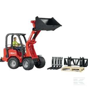 The Schäffer farm loader 2034 & accessories by Bruder, model U02191, includes a red toy tractor with a front loader attachment at a scale of 1:16. It features a figure seated in the driver's seat alongside interchangeable tools and a pallet. Perfect for young agriculture enthusiasts!