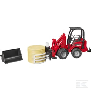 The Schäffer compact loader 2630 with bale gripper and round bale by Bruder is a must-have for any budding construction vehicle enthusiast, featuring a black-roofed red toy tractor with a functional front loader, shown alongside additional toy accessories including a yellow cylindrical object and white tubing.