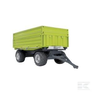 The Farming Parts Fliegl tipping trailer (U02203) is a green, four-wheeled trailer with a hitch bar at the front, ideal for agricultural use and designed for easy attachment to a vehicle.